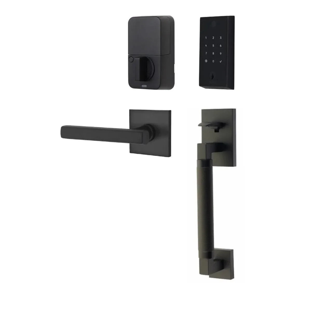The Emtek EMPowered 2 Touch Entry Set with Hercules Smooth Grip and Interior Freestone Lever in Flat Black finish.