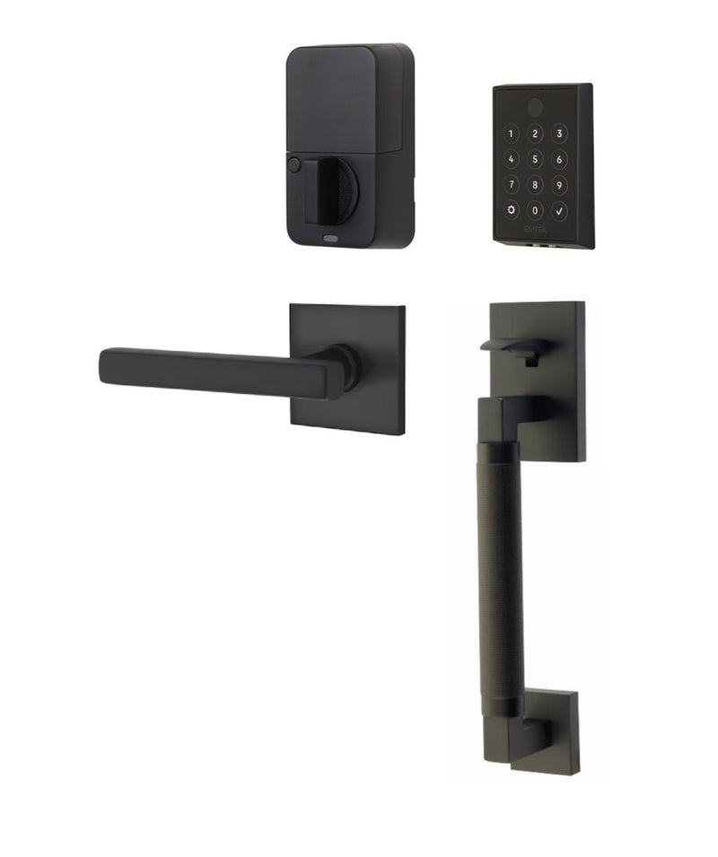 The Emtek EMPowered 2 Touch Entry Set with Hercules Smooth Grip and Interior Freestone Lever in Flat Black finish.