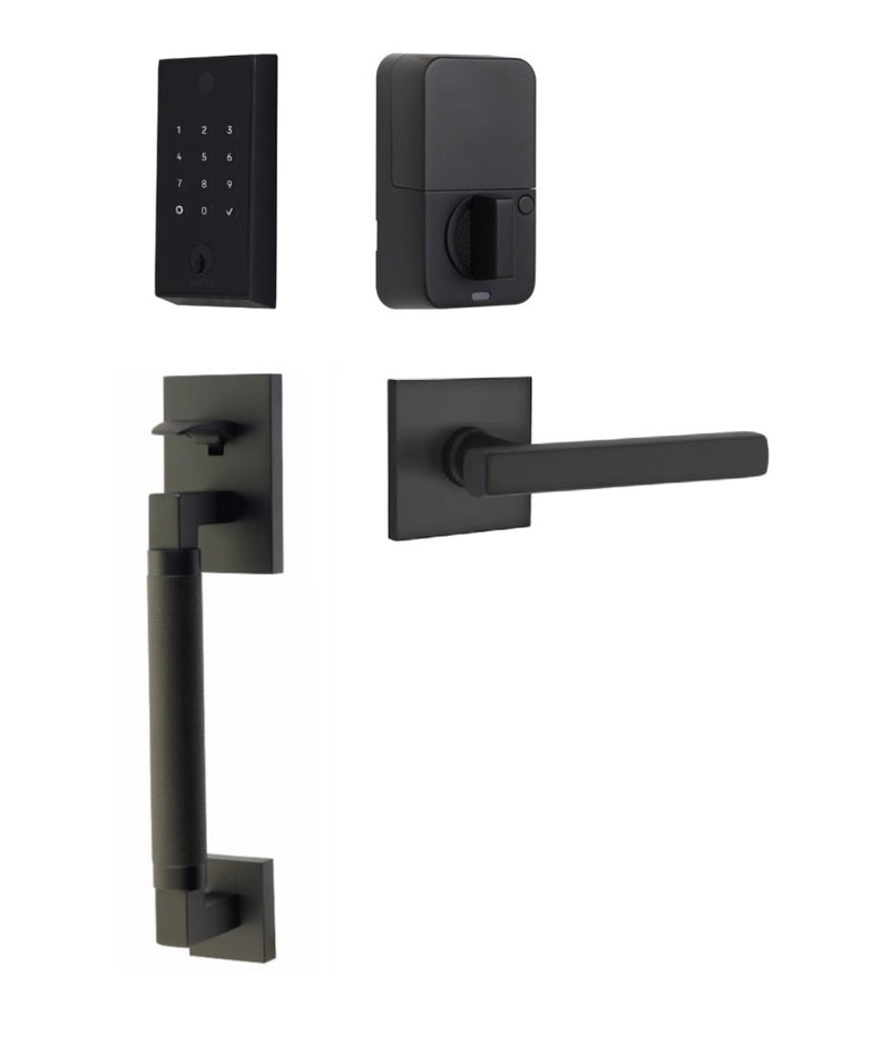 The Emtek EMPowered 2 Touch Entry Set with Hercules Smooth Grip and Interior Freestone Lever in Flat Black finish.