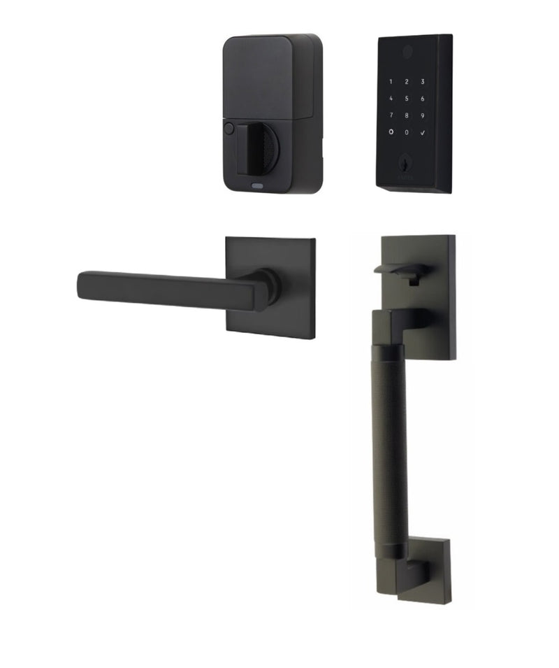 The Emtek EMPowered 2 Touch Entry Set with Hercules Smooth Grip and Interior Freestone Lever in Flat Black finish.