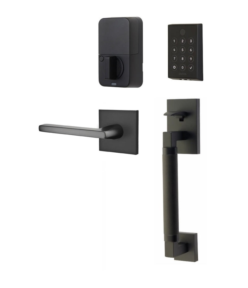 The Emtek EMPowered 2 Touch Entry Set with Hercules Smooth Grip and Interior Helios Lever in Flat Black finish.