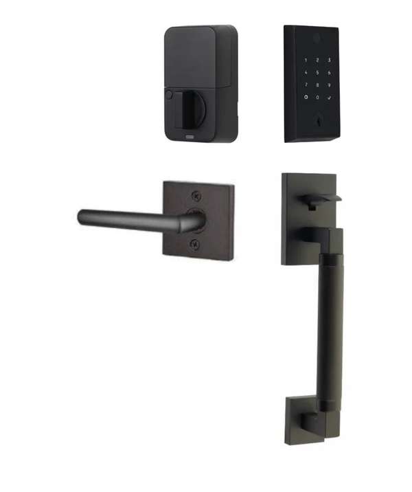 The Emtek EMPowered 2 Touch Entry Set with Hercules Smooth Grip and Interior Stuttgart Lever in Flat Black finish.