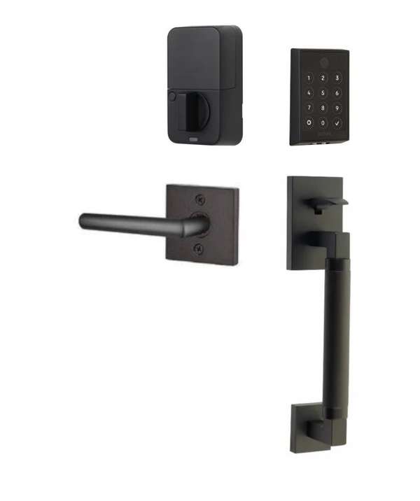 The Emtek EMPowered 2 Touch Entry Set with Hercules Smooth Grip and Interior Stuttgart Lever in Flat Black finish.