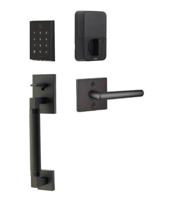 The Emtek EMPowered 2 Touch Entry Set with Hercules Smooth Grip and Interior Stuttgart Lever in Flat Black finish.