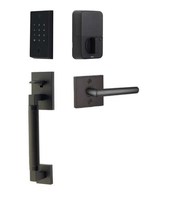 The Emtek EMPowered 2 Touch Entry Set with Hercules Smooth Grip and Interior Stuttgart Lever in Flat Black finish.