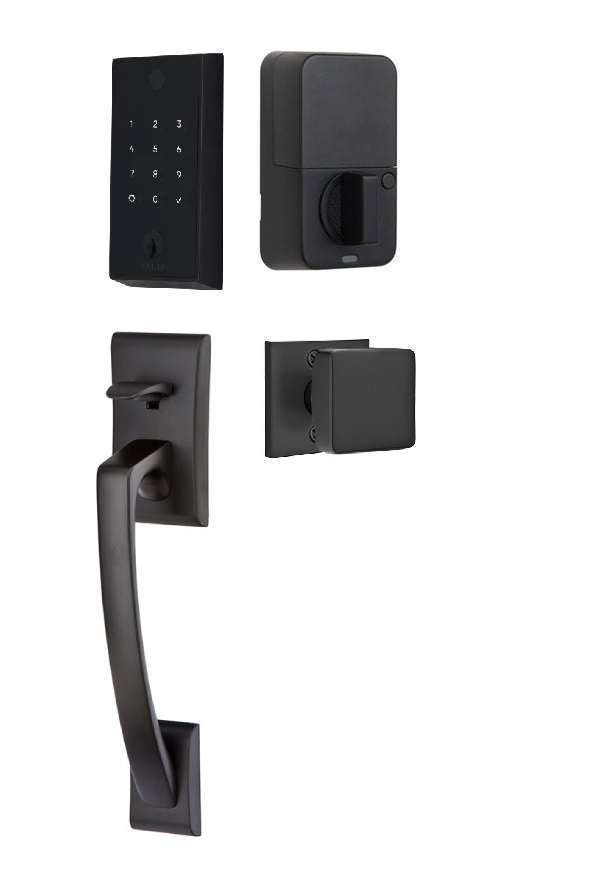 The Emtek EMPowered 2 Touch Key Free Entry Set with Ares Grip and Interior Square Knob in Flat Black finish.