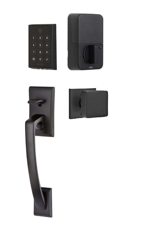 The Emtek EMPowered 2 Touch Key Free Entry Set with Ares Grip and Interior Square Knob in Flat Black finish.