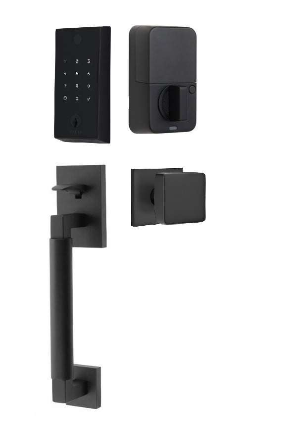 The Emtek EMPowered 2 Touch Key Free Entry Set with Hercules Smooth Grip and Interior Square Knob in Flat Black finish.