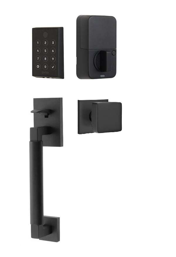 The Emtek EMPowered 2 Touch Key Free Entry Set with Hercules Smooth Grip and Interior Square Knob in Flat Black finish.