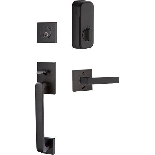 The Emtek EMPowered Baden Tubular Entrance Handleset Single Cylinder with Dumont Lever in Flat Black finish