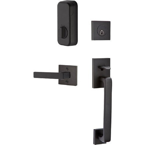 The Emtek EMPowered Baden Tubular Entrance Handleset Single Cylinder with Dumont Lever in Flat Black finish