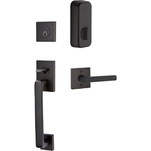 The Emtek EMPowered Baden Tubular Entrance Handleset Single Cylinder with Freestone Lever in Flat Black finish