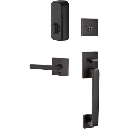 The Emtek EMPowered Baden Tubular Entrance Handleset Single Cylinder with Freestone Lever in Flat Black finish