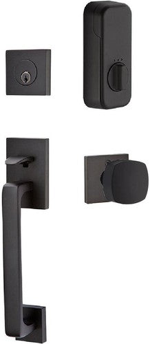 Emtek EMPowered Baden Tubular Entrance Handleset Single Cylinder with Freestone Square Knob in Flat Black finish