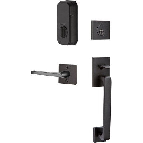 The Emtek EMPowered Baden Tubular Entrance Handleset Single Cylinder with Helios Lever in Flat Black finish