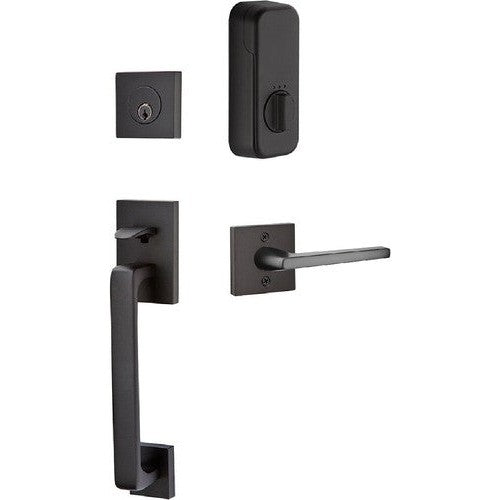 The Emtek EMPowered Baden Tubular Entrance Handleset Single Cylinder with Helios Lever in Flat Black finish