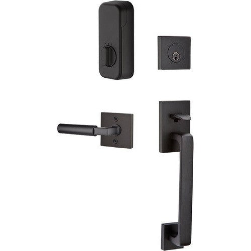 The Emtek EMPowered Baden Tubular Entrance Handleset Single Cylinder with Hercules Lever in Flat Black finish