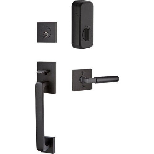 The Emtek EMPowered Baden Tubular Entrance Handleset Single Cylinder with Hercules Lever in Flat Black finish