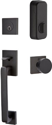 The Emtek EMPowered Baden Tubular Entrance Handleset Single Cylinder with Round Knob in Flat Black finish