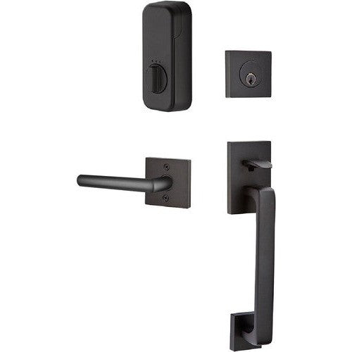 The Emtek EMPowered Baden Tubular Entrance Handleset Single Cylinder with Stuttgart Lever in Flat Black finish