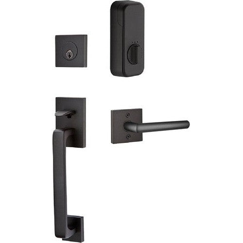 The Emtek EMPowered Baden Tubular Entrance Handleset Single Cylinder with Stuttgart Lever in Flat Black finish