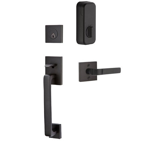 The Emtek EMPowered Smart Lock Baden Tubular Single Cylinder Entrance Handleset with Aston Lever in Flat Black finish