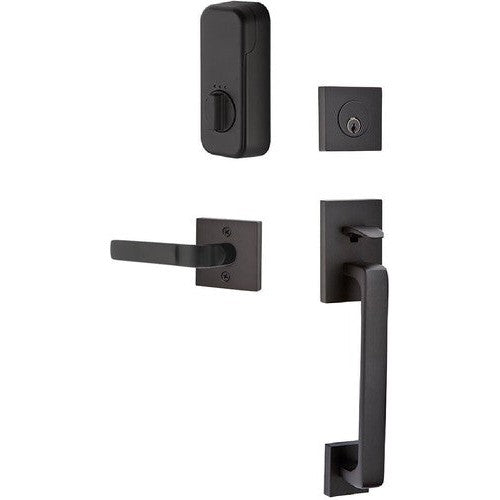 The Emtek EMPowered Smart Lock Baden Tubular Single Cylinder Entrance Handleset with Aston Lever in Flat Black finish