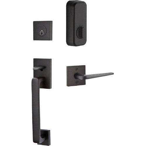 The Emtek EMPowered Smart Lock Baden Tubular Single Cylinder Entrance Handleset with Athena Lever in Flat Black finish