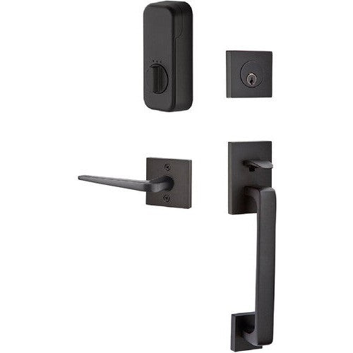 The Emtek EMPowered Smart Lock Baden Tubular Single Cylinder Entrance Handleset with Athena Lever in Flat Black finish