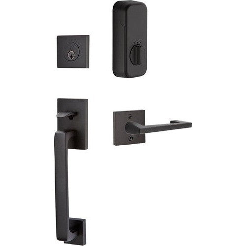 The Emtek EMPowered Smart Lock Upgrade Baden Tubular Single Cylinder Entrance Handleset with Argos Lever in Flat Black finish