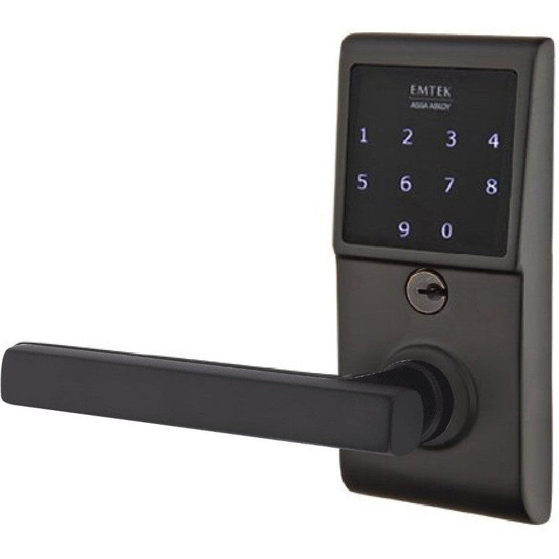 Emtek EMTouch Electronic Touchscreen Keypad Leverset with Freestone Lever in Flat Black finish