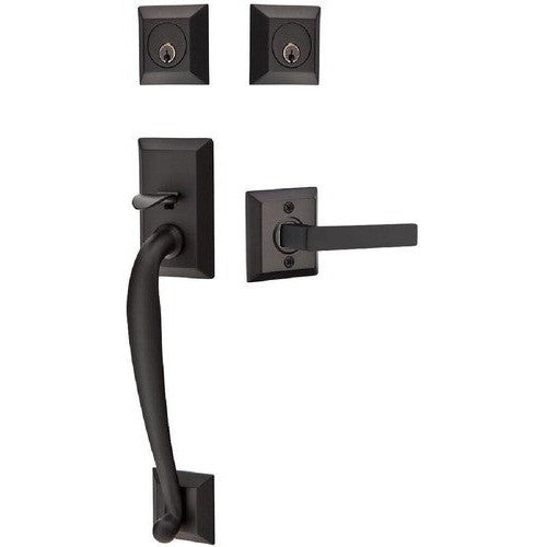 Emtek Franklin Tubular Entrance Handleset With Dumont Lever in Flat Black finish