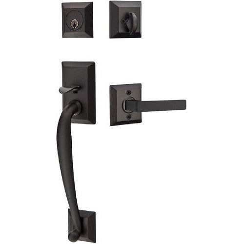 Emtek Franklin Tubular Entrance Handleset With Dumont Lever in Flat Black finish