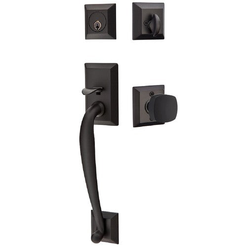 Emtek Franklin Tubular Entrance Handleset With Freestone Square Knob in Flat Black finish