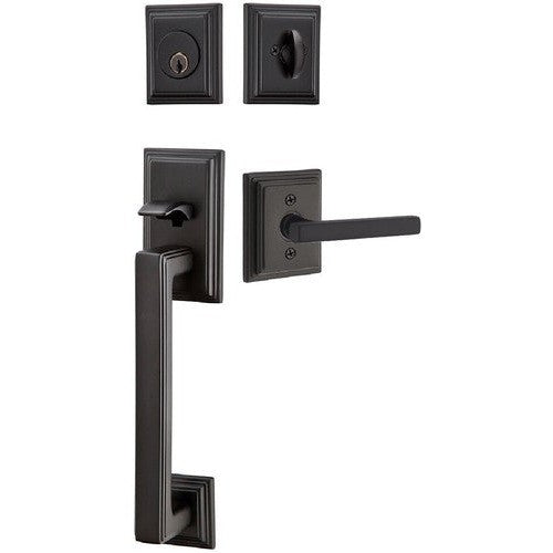 Emtek Hamden Tubular Entrance Handleset With Freestone Lever in Flat Black finish