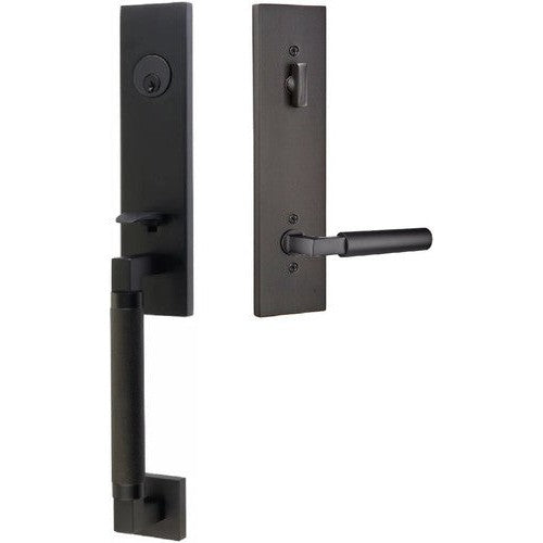 Emtek Hercules Knurled Monolithic Tubular Entry Set with Hercules Lever in Flat Black finish