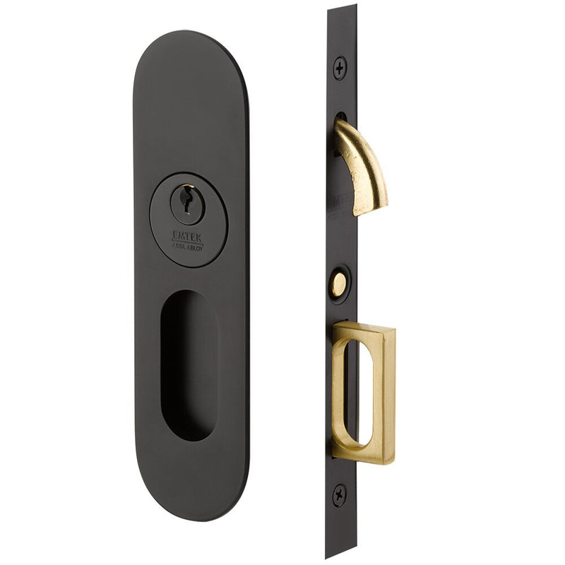 Emtek Keyed Narrow Oval Pocket Door Mortise Lock in Flat Black finish