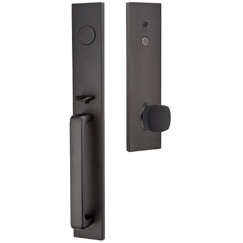 Emtek Lausanne Entrance Handleset With Freestone Square Knob in Flat Black finish