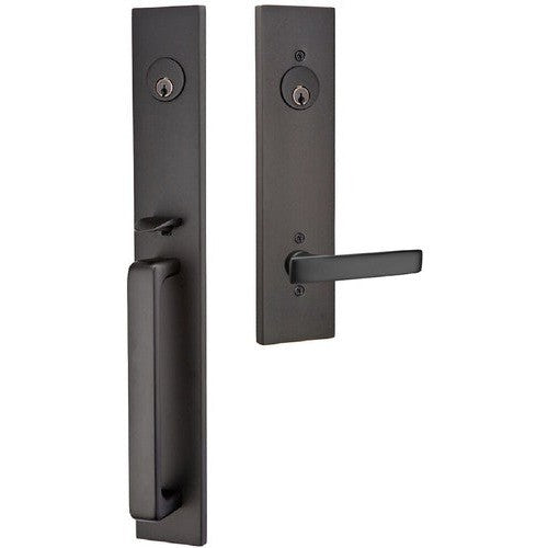 Emtek Lausanne Tubular Double Cylinder Entrance Handleset with Geneva Lever in Flat Black finish