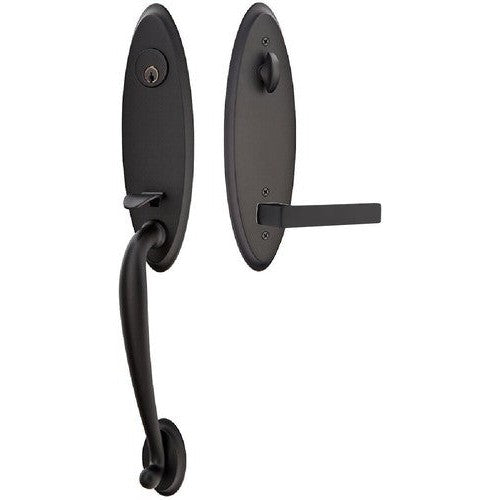 Emtek Marietta Tubular Entrance Handleset With Dumont Lever in Flat Black finish