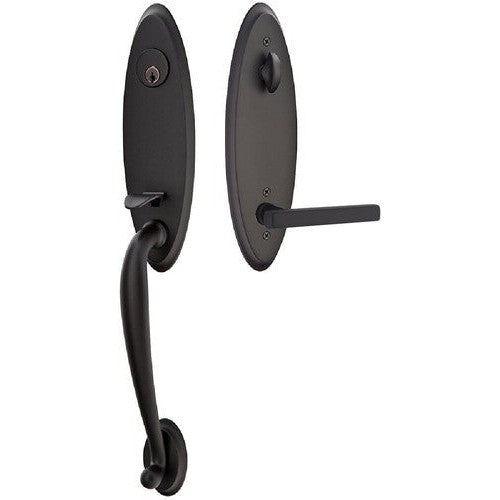 Emtek Marietta Tubular Entrance Handleset With Freestone Lever in Flat Black finish