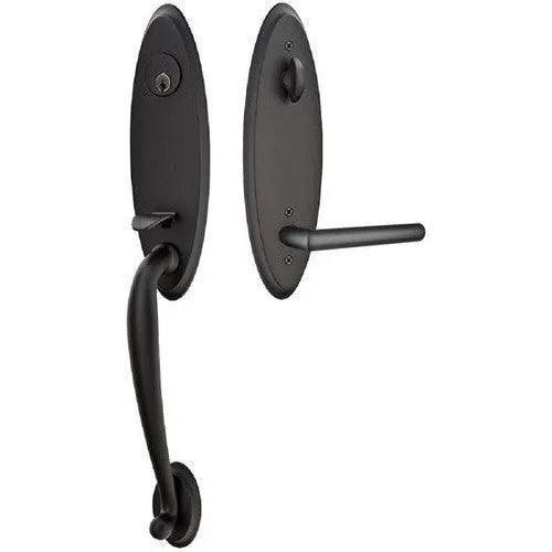 Emtek Marietta Tubular Entrance Handleset With Left Handed Stuttgart Lever in Flat Black finish