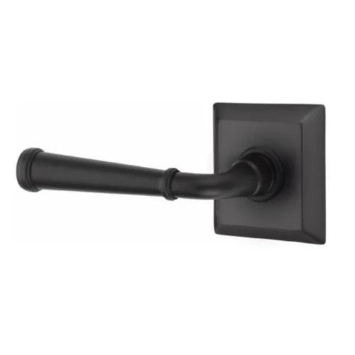 The Emtek Merrimack Lever with Quincy Rosette in Flat Black finish.