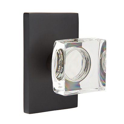 Emtek Modern Square Crystal Knob with Modern Rectangular Rosette in Flat Black finish