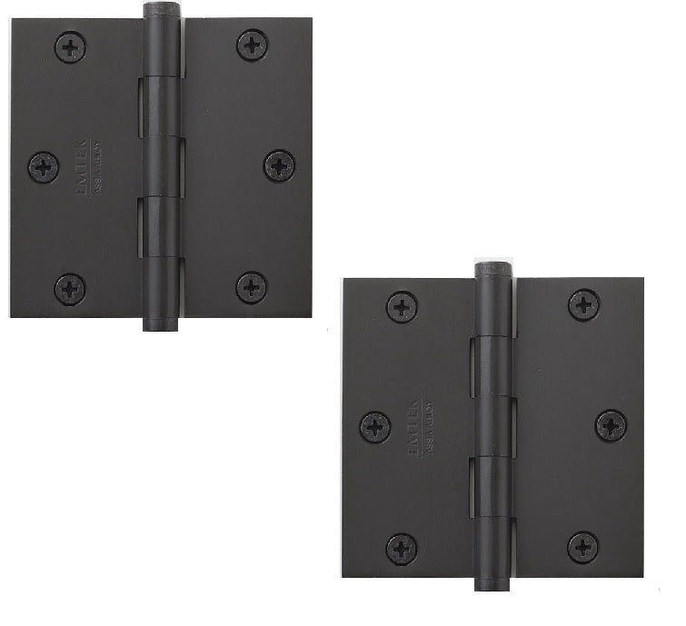 Emtek Residential Duty Solid Brass Plain Bearing Hinge, 3.5" x 3.5" with Square Corners in Flat Black finish