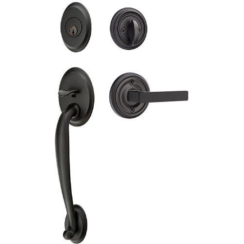 Emtek Saratoga Tubular Entrance Handleset With Dumont Lever in Flat Black finish