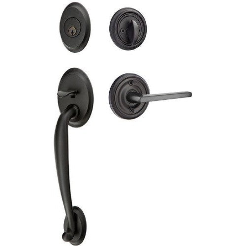 Emtek Saratoga Tubular Entrance Handleset With Helios Lever in Flat Black finish