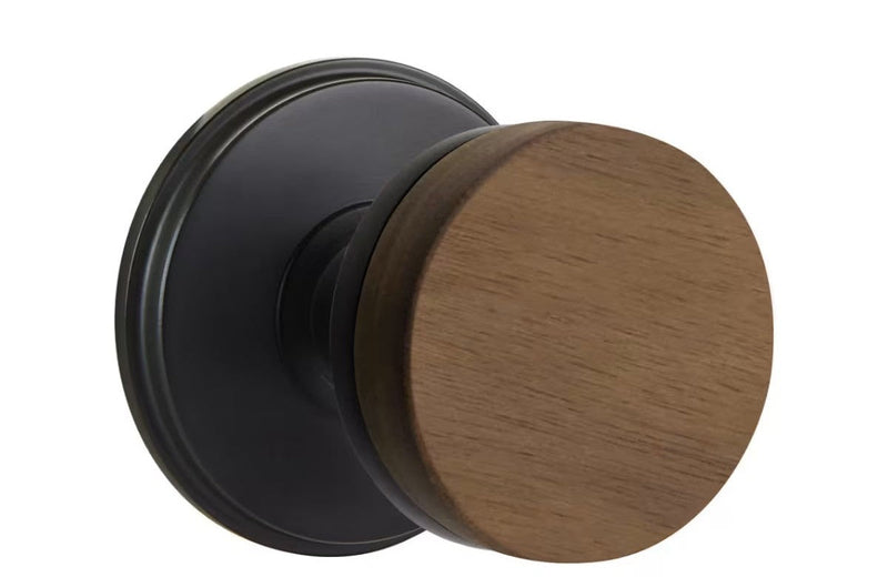 Emtek Select Conical Dark Walnut Knob with Watford Rosette in Flat Black finish