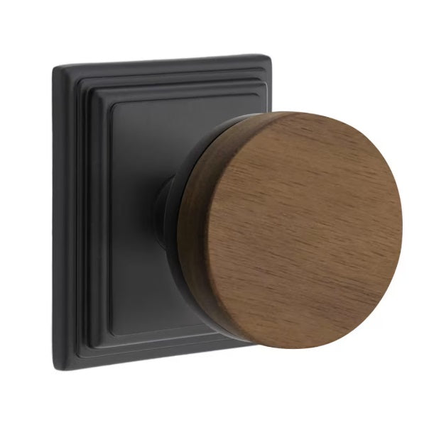 Emtek Select Conical Dark Walnut Knob with Wilshire Rosette in Flat Black finish