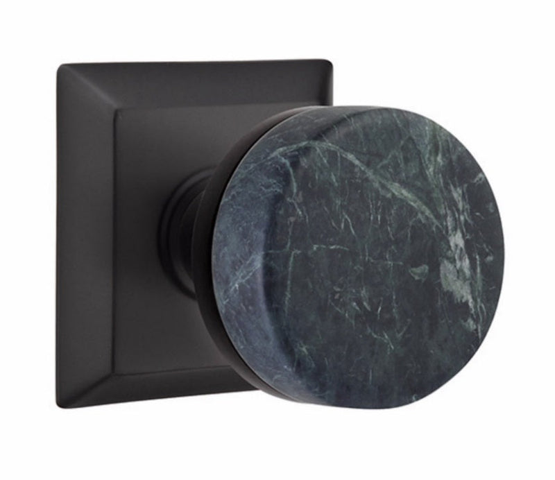 Emtek Select Conical Green Marble Knobset with Quincy Rosette in Flat Black finish